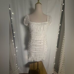 Baevely White Daisy Mini Dress Ruched Mesh Puff Sleeve Bodycon Size M